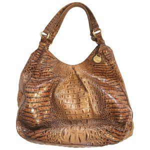 Brahmin "Anne" Toasted Almond Embossed Croc Print Leather Large Tote Handbag EUC